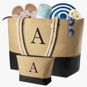 Women Beach Bag with letter A with Makeup Bag Travel Essential